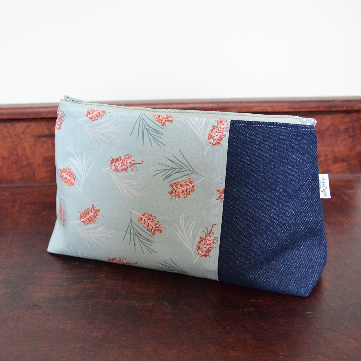Tall Prism / Triangle Zip Pouch - Grevillea on Light Blue